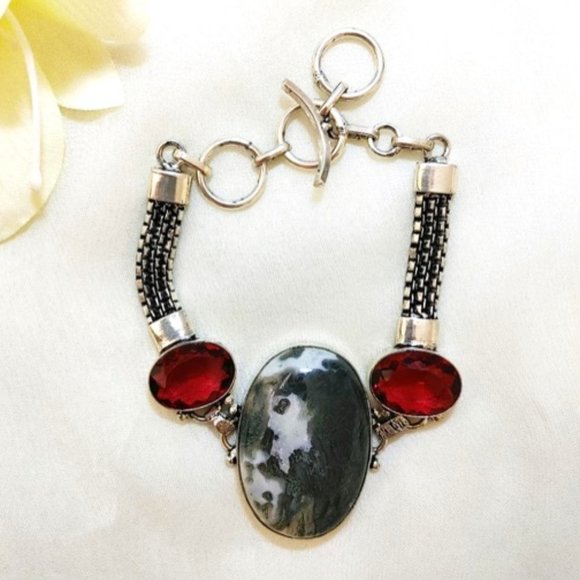 Moss Agate Garnet (br17) Bracelet Green Red Natural Gems 925 Silver Toggle 7"-8" - Picture 5 of 11